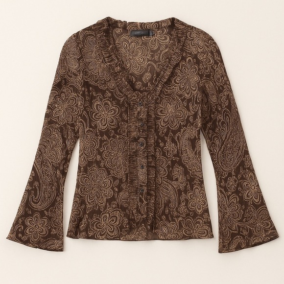 Apt. 9 Tops - APT.9 Brown Floral Sheer Crinkle Blouse XL Ruffle Forest Fairy Grunge Goblincore